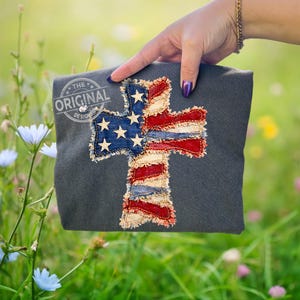 Rustic American Flag Cross PNG, Distressed Patchwork Graphic (Digital Download)