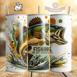 Fishing is My Therapy Tumbler Wrap, Bass Sublimation Design, 20 oz Skinny Digital Download File, Funny Fisherman PNG, 20oz Fishing Sublimate