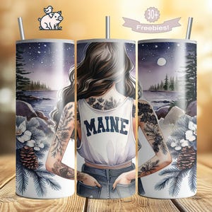 Maine Tumbler Wrap, Pine Tree State Girl 20oz Skinny PNG, Collegiate Sublimation Design 20oz Seamless Digital Download File