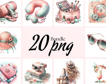 Lot de cliparts voyage rose : aquarelle girly PNG (20 fichiers)