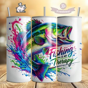 Fishing is My Therapy Tumbler Wrap, Bass Sublimation Design, 20 oz Skinny Digital Download File, Funny Fisherman PNG, 20oz Fishing Sublimate