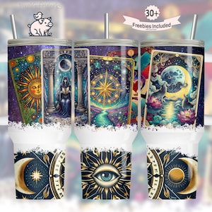 May include: Three stainless steel tumblers with a white background and a colorful design featuring tarot cards. The tumblers have a lid and a straw. The text "30+ Freebies Included" is on the top of the image.