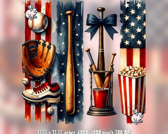 Patriotic Baseball PNG: Watercolor Brushstrokes, American Flag (Digital Download)