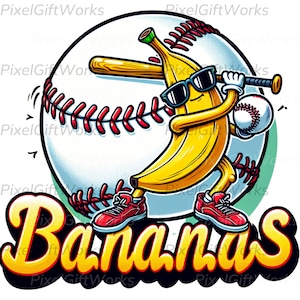 Let's Go Bananen Baseball PNG Sport Team Maskottchen Lustige Banane Spielen Baseball Sublimation Digitaler Download Druckbares Shirt Bekleidung