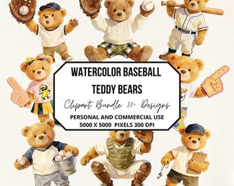Vintage Watercolor Teddy Bear Baseball Clipart Bundle | Baseballer PNG Set