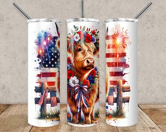4th of July Highland Cow Tumbler Design: American Flag Sublimation (Digital Download)