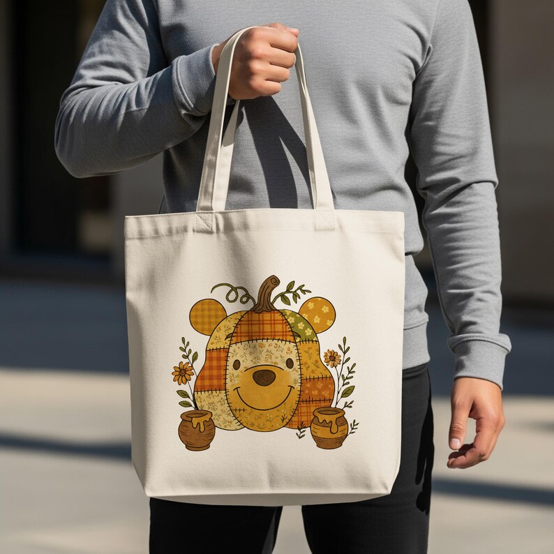 Cute Pumpkin Bear Tote Bag, Autumn Canvas Bag, Fall Season Gifts, Large Shoulder Bag for Shopping