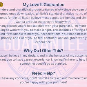 May include: A guarantee badge with a shield and checkmark, and text that reads "GUARANTEE". The background is a light pink wood grain pattern with text about customer satisfaction and support.