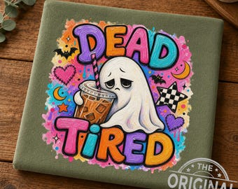 Dead Tired Ghost Iced Coffee PNG Digital Sublimation Design | Spooky Cute Grunge Aesthetic DTF Print File for T-Shirts & Mugs