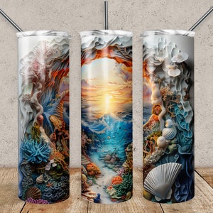 3D Beach Tumbler Wrap: Ocean Cave, Shells (PNG Digital Download)