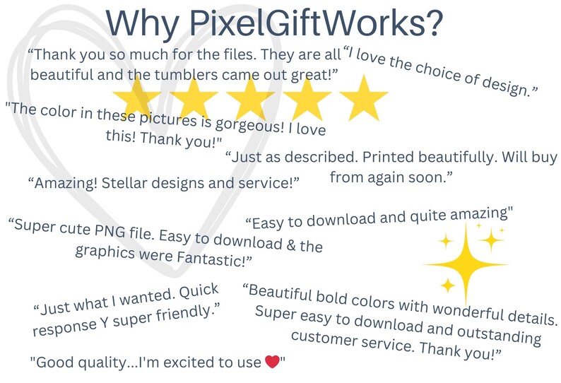 May include: Image with the text "Why PixelGiftWorks?" and customer reviews. The reviews include phrases like "gorgeous colors", "stellar designs", and "easy to download". The image also features gold stars.