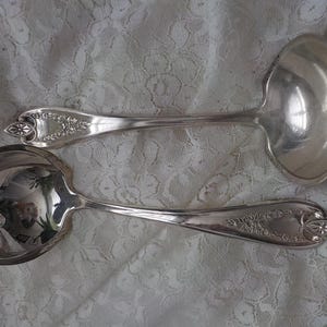 May include: Two silver serving spoons with ornate floral and leaf designs. One is a ladle with a large, round bowl, and the other is a smaller spoon. The handles have a decorative, pointed end.