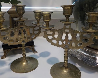 Vintage brass candle holders set of 2 etched details
