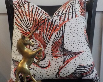 Atomic vintage barkcloth pillow cover white gold black and coral 18" with zipper