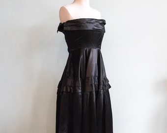 Vintage 1940s Old Hollywood Inky Black Satin Strapless Gown - Size XS