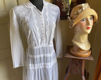 Vintage 1920s White Embroidered Sheer Cotton Tea Dress  - Large XL