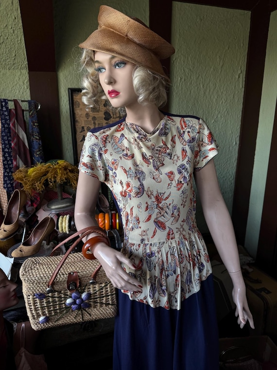 Vintage 1940s Rayon Jersey Mushrooms Butterflies … - image 1