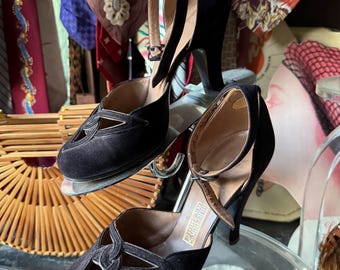 Zapatos de tacón alto estilo pin-up de ante negro Bullock’s Wilshire, estilo vintage de los años 40 ~ Talla 5 1/2 - 6