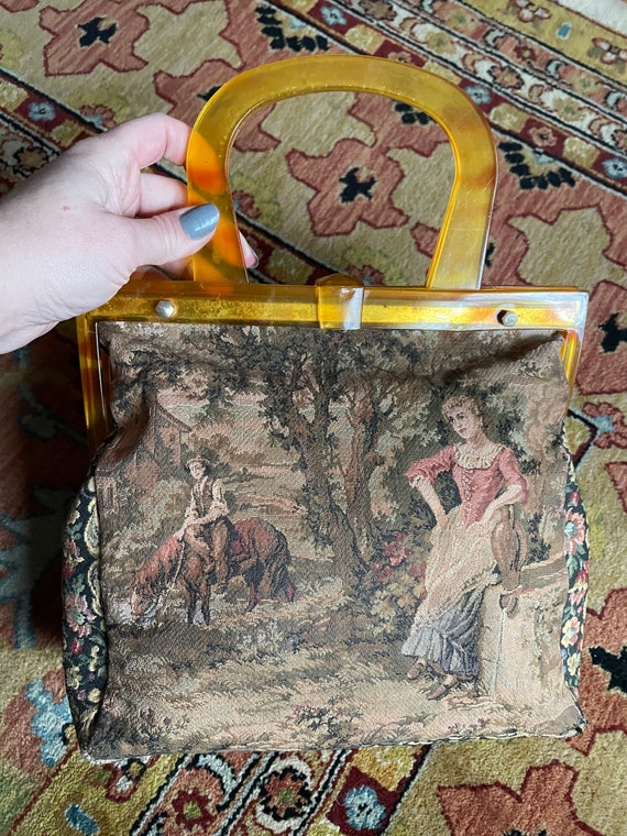 Vintage 1940s Figural Tapestry Purse Made in Franc