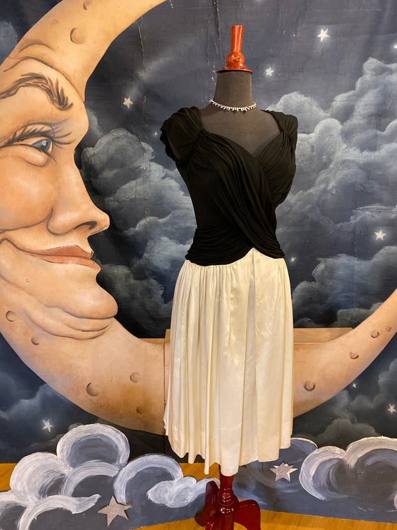 Vintage 1940s Black Rayon Jersey Dress with White