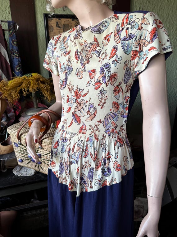 Vintage 1940s Rayon Jersey Mushrooms Butterflies … - image 6