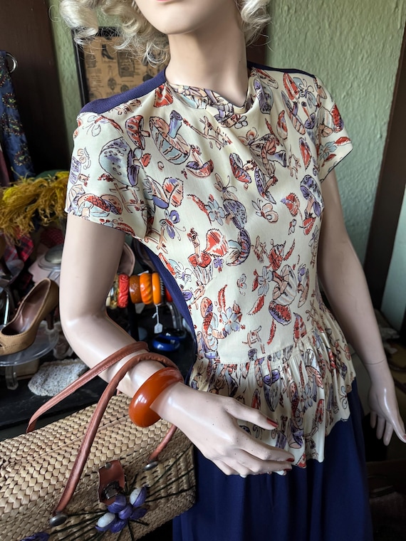 Vintage 1940s Rayon Jersey Mushrooms Butterflies … - image 4