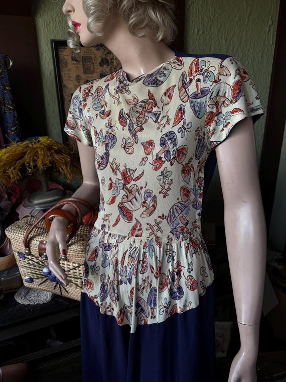 Vintage 1940s Rayon Jersey Mushrooms Butterflies … - image 7