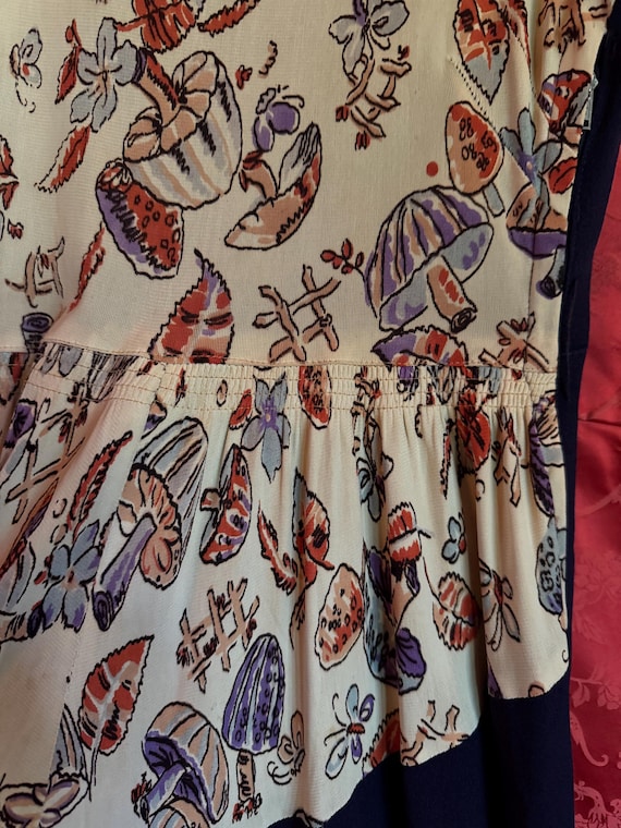 Vintage 1940s Rayon Jersey Mushrooms Butterflies … - image 2