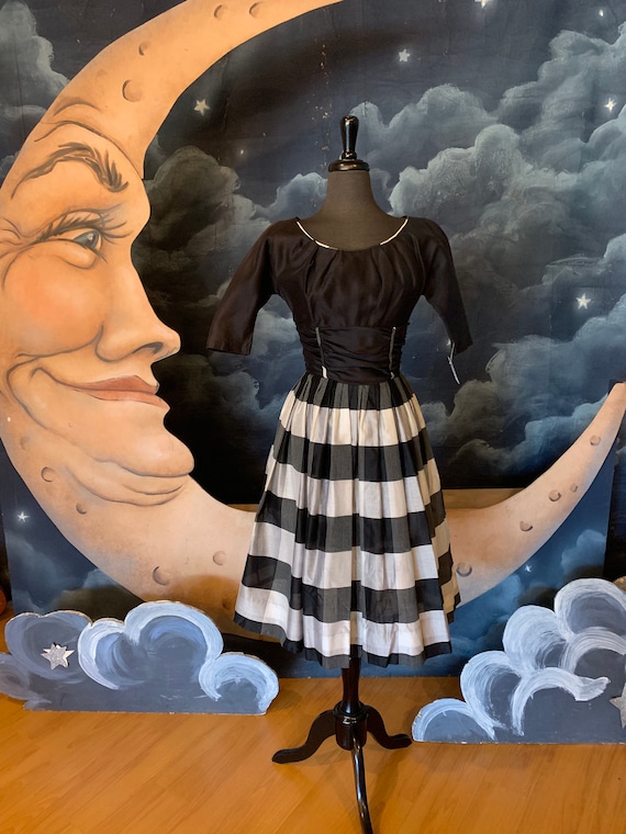 Vintage 1950s Black and White Plaid Dress - Small