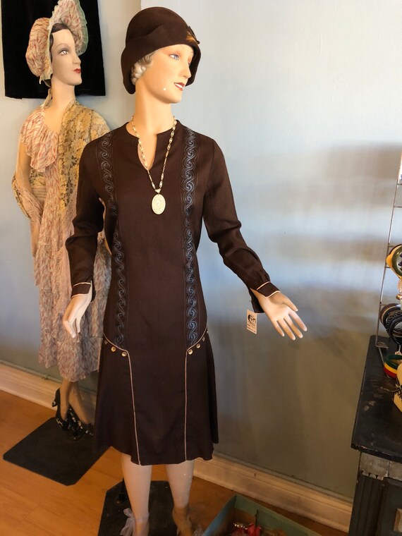 Vintage 1920s Art Deco Embroidered Dress - Size M