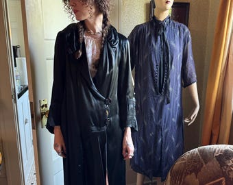 Antique 1920s Black Satin Deco Coat Flapper Jacket - Small petite