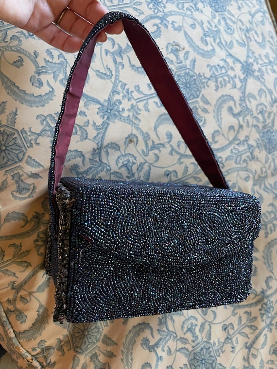 Vintage 1950s Mid Century Glass Beaded Evening Handbag - Art Deco Style  Square Frame Purse