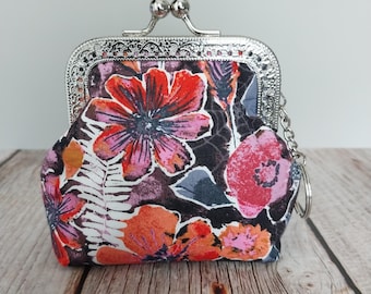 Floral Kiss Snap Clasp Change Coin Purse with Keychain Keyring