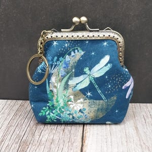 Moon & Dragonflies Kiss Snap Clasp Change Coin Purse with Keychain Keyring