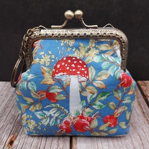 Red Mushrooms & Berries Kiss Snap Clasp Coin Change Purse with Keychain Keyring