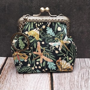 Moths & Dragonflies Kiss Snap Clasp Coin Change Purse with Keychain Keyring