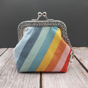 Rainbow Stripe Kiss Snap Clasp Coin Purse Keychain Keyring