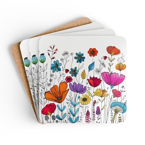 Niedliches Blumen-Korkholz-Untersetzer-Set, Blumen-Untersetzer-Set, Blumenliebhaber-Untersetzer-Set, botanische Untersetzer, Blumen-Kunst-Untersetzer, niedliche Untersetzer