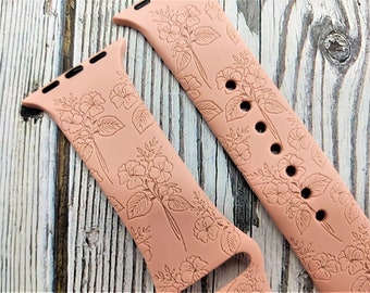 Verjaardagsbloem, geboortemaand bloemen wilde bloemen siliconen band lasergegraveerd, Apple Watch-band kerstcadeau Jubileumcadeau Verjaardagscadeau