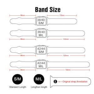 May include: Diagram showing different band sizes for Apple Watch. The diagram shows four different band sizes, with measurements in millimetres. The band sizes are 38/40 S/M, 38/40 M/L, 42/44 S/M, and 42/44 M/L.