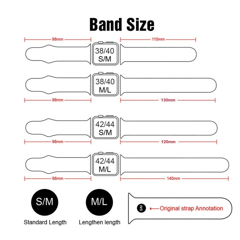 May include: Diagram showing different band sizes for Apple Watch. The diagram shows four different band sizes, with measurements in millimetres. The band sizes are 38/40 S/M, 38/40 M/L, 42/44 S/M, and 42/44 M/L.
