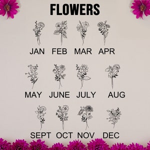 May include: A black and white illustration of flowers for each month of the year. The flowers are arranged in a grid with the month name below each flower. The months are January, February, March, April, May, June, July, August, September, October, November, and December.
