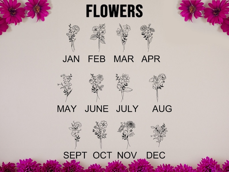 May include: A black and white illustration of flowers for each month of the year. The flowers are arranged in a grid with the month name below each flower. The months are January, February, March, April, May, June, July, August, September, October, November, and December.