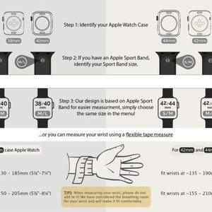 May include: Diagram showing how to measure your wrist for an Apple Watch band. The diagram shows different Apple Watch case sizes and corresponding band sizes. It also includes a visual guide on how to measure your wrist using a flexible tape measure.