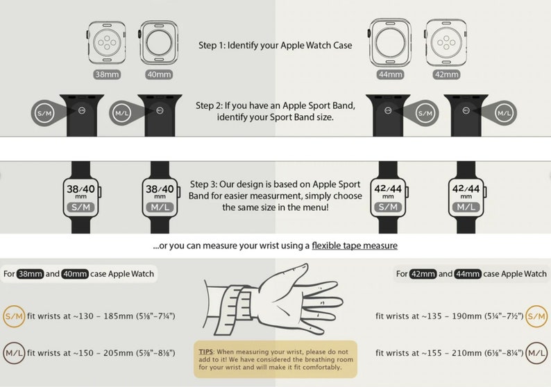 May include: Diagram showing how to measure your wrist for an Apple Watch band. The diagram shows different Apple Watch case sizes and corresponding band sizes. It also includes a visual guide on how to measure your wrist using a flexible tape measure.