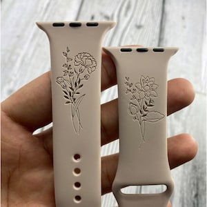 Birthday Flower, Birth Month Floral Wildflower Silicone Band Laser Engraved, Apple Watch Band Christmas Gift Anniversary Gift Birthday Gift
