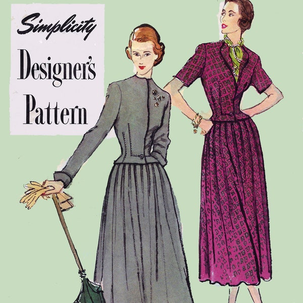 Vintage jaren 1940 Designer Tweedelig Pak Getailleerd Jasje Midi Flared Rok Naaipatroon Eenvoud Ontwerper 8061 40s Patroon Maat 12 B30