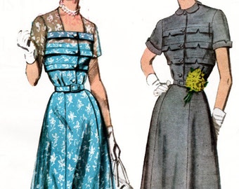 Vintage 1950s Designer Dress with Horizontal bodice tucks and a Flared 4 gore Skirt Sewing pattern Simplicity 8261 Size 14 Bust 32 UNCUT