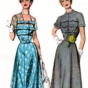 Vintage 1950s Designer Dress with Horizontal bodice tucks and a Flared 4 gore Skirt Sewing pattern Simplicity 8261 Size 14 Bust 32 UNCUT