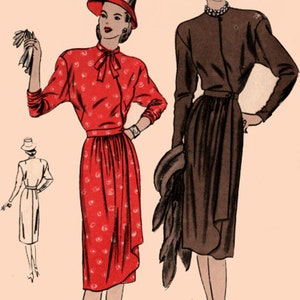 May include: Two women wearing dresses and hats. The woman on the left is wearing a red dress with white polka dots and a red and white hat. The woman on the right is wearing a brown dress and a black hat.